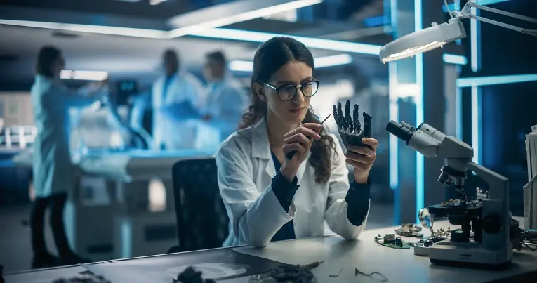 Un científico examina una prótesis de mano negra en un laboratorio moderno, con un microscopio cerca.