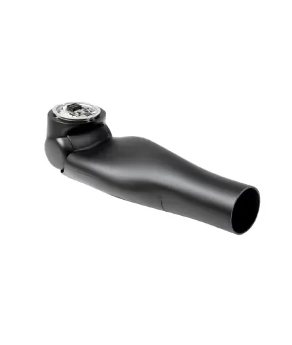Black prosthetic limb socket with a metallic rotating joint attachment.