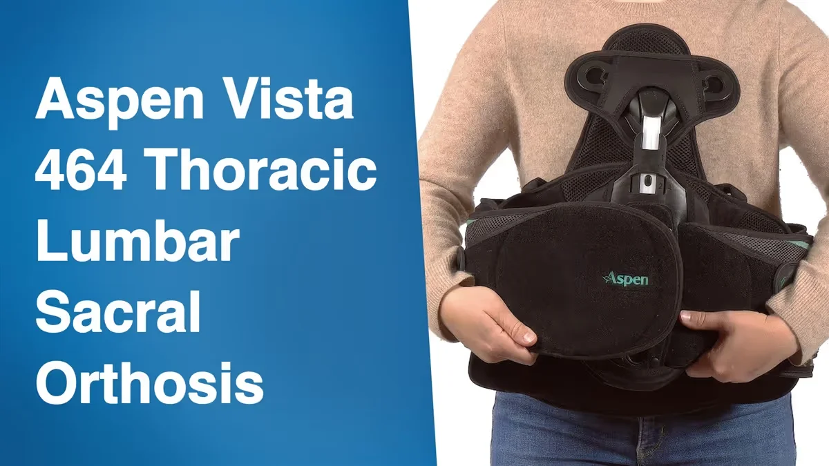 Person holding an Aspen Vista 464 Thoracic Lumbar Sacral Orthosis back brace in front of their torso.