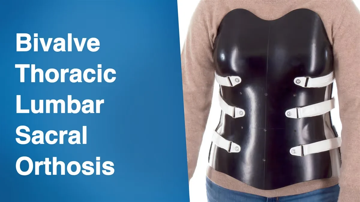 Person wearing a black bivalve thoracic lumbar sacral orthosis brace with white straps.
