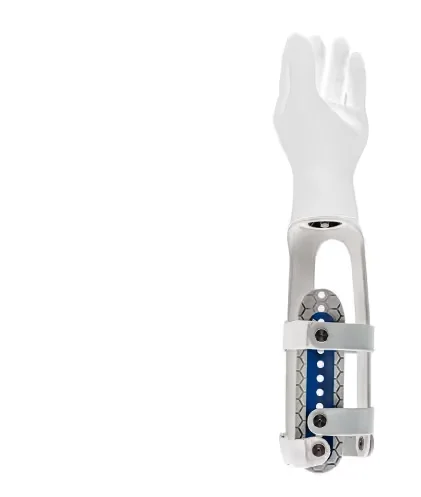 Upper-limb prosthesis with an elbow joint and a white hand