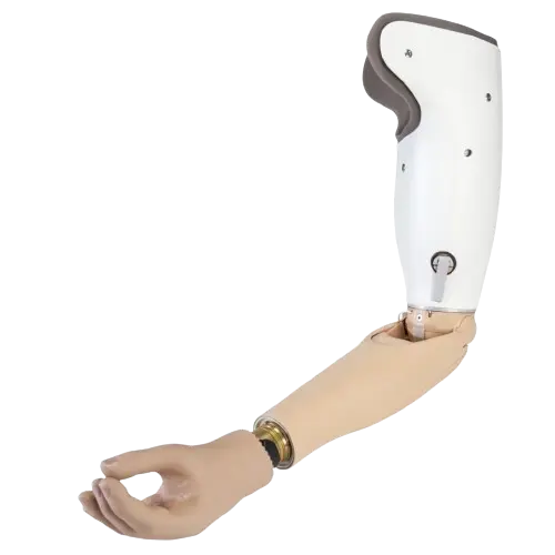Body-powered prosthetic arm with a flesh-toned forearm and hand, and a white upper socket.
