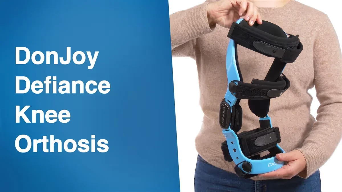 Person holding a blue and black DonJoy Defiance knee orthosis brace against a white and blue background.