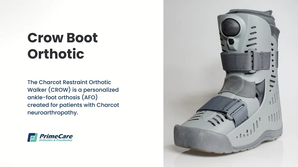 CROW boot orthotic: a gray walker boot beside a short description of the Charcot Restraint Orthotic Walker