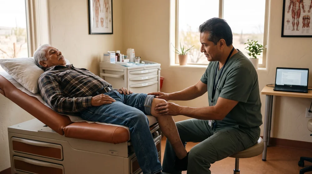 Clinician examining the knee of an older man reclining on an exam table