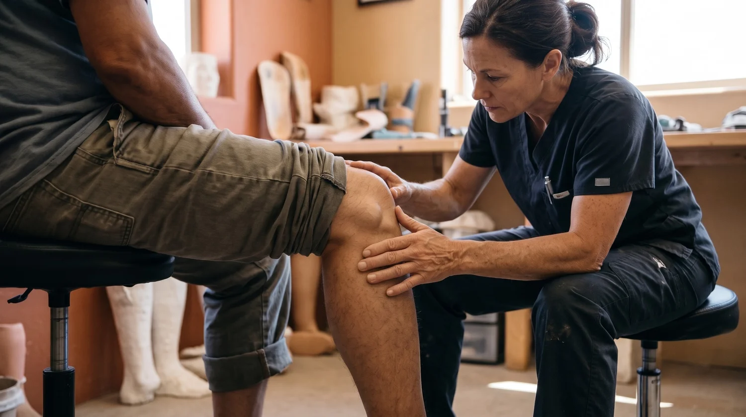 Clinician examining the knee and calf of a seated patient in a prosthetics clinic