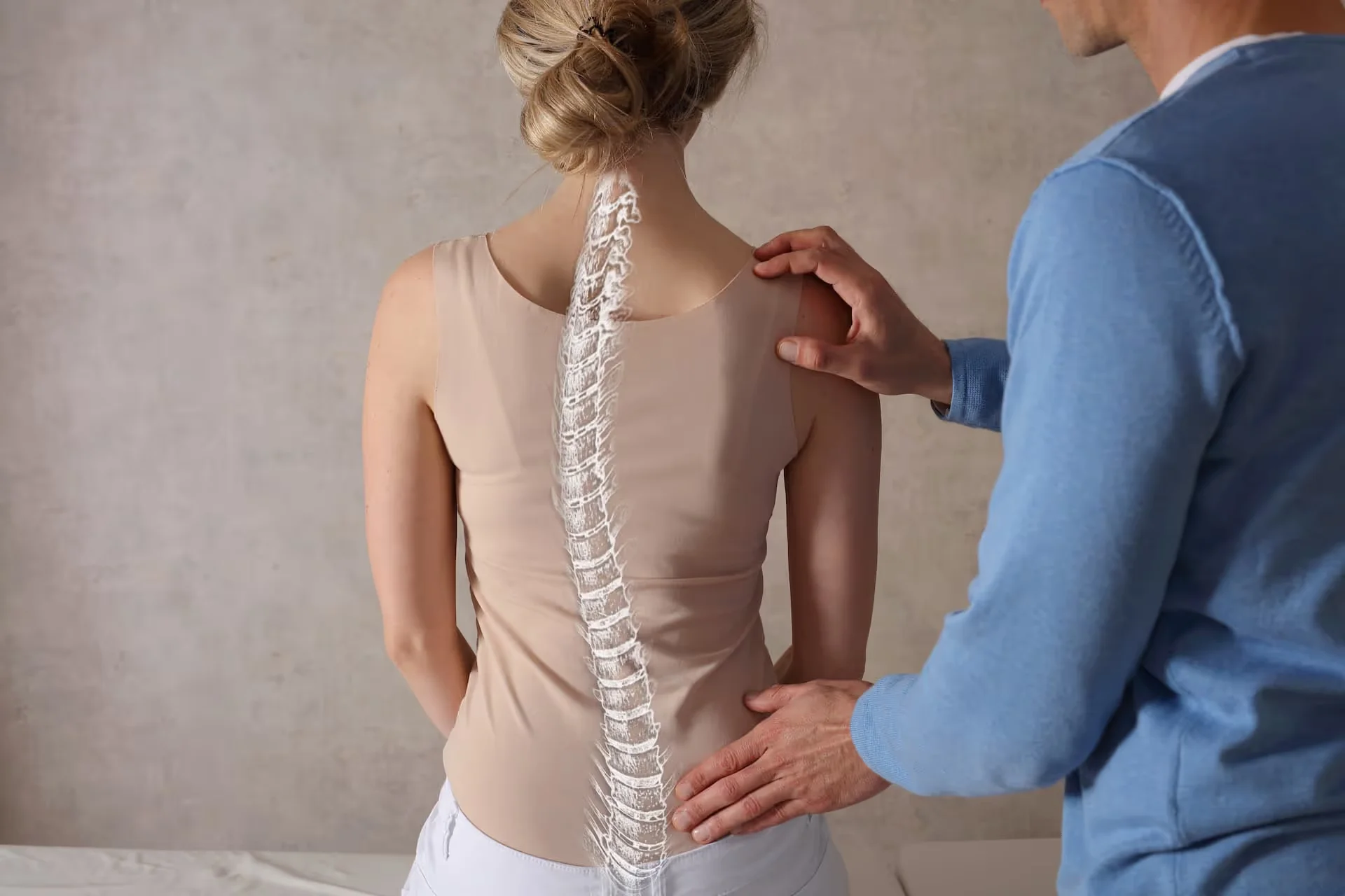 Médico examinando la postura de una mujer, con la columna vertebral estirada sobre su espalda.