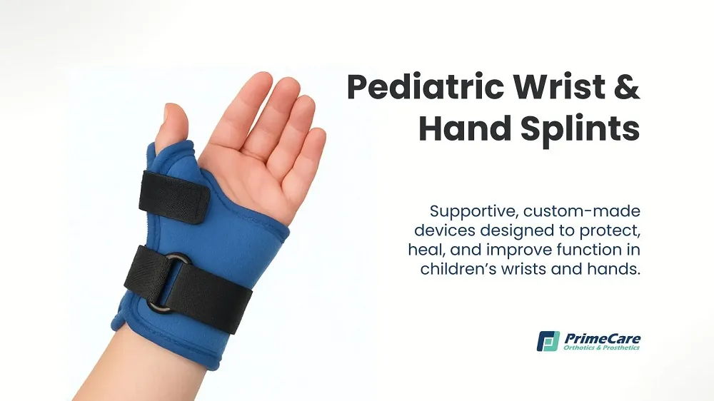Férulas pediátricas para muñeca y mano: la mano de un niño con una férula azul para el pulgar, junto a una breve descripción y el logotipo de PrimeCare.