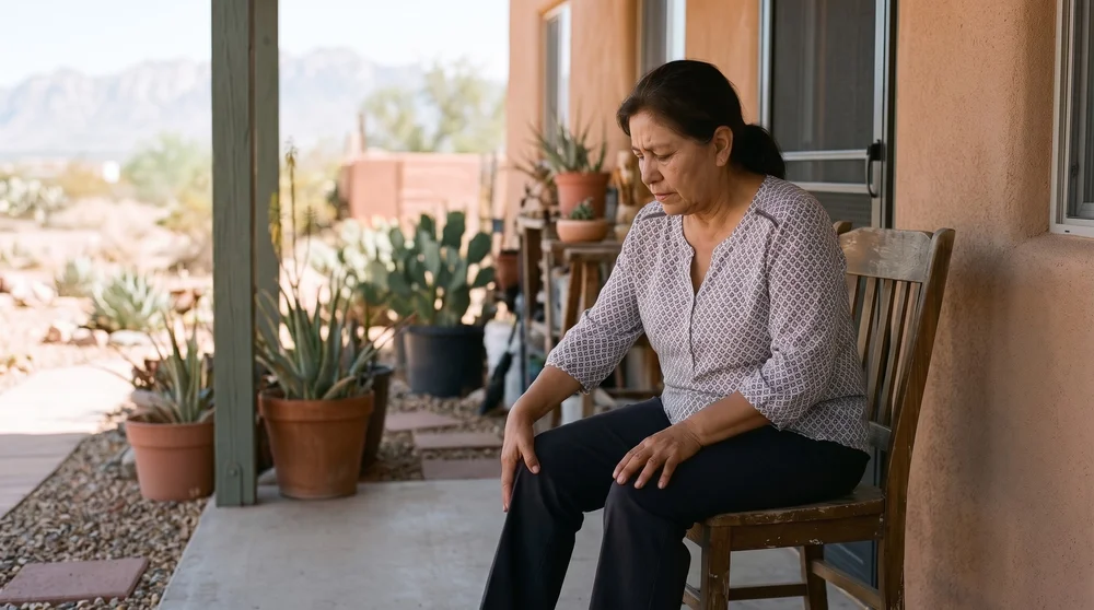 Woman sitting on a porch chair holding her knees in discomfort
