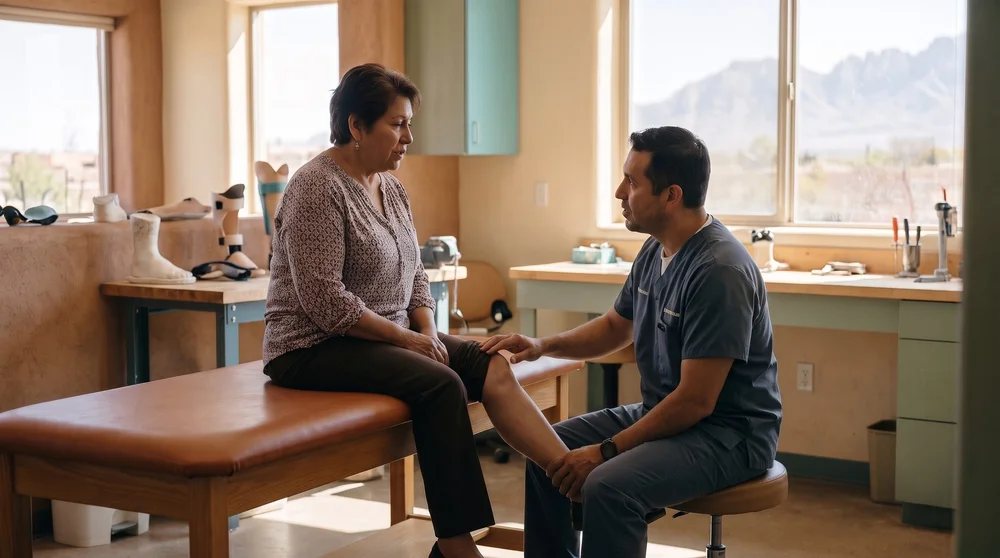 Clinician talking with a woman seated on an exam table while checking her knee